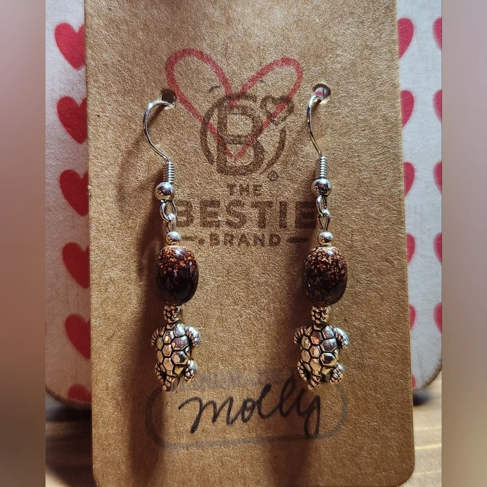 Silver in Color Turtle Charm Brown Beads Handmade Dangle Earrings Leverback